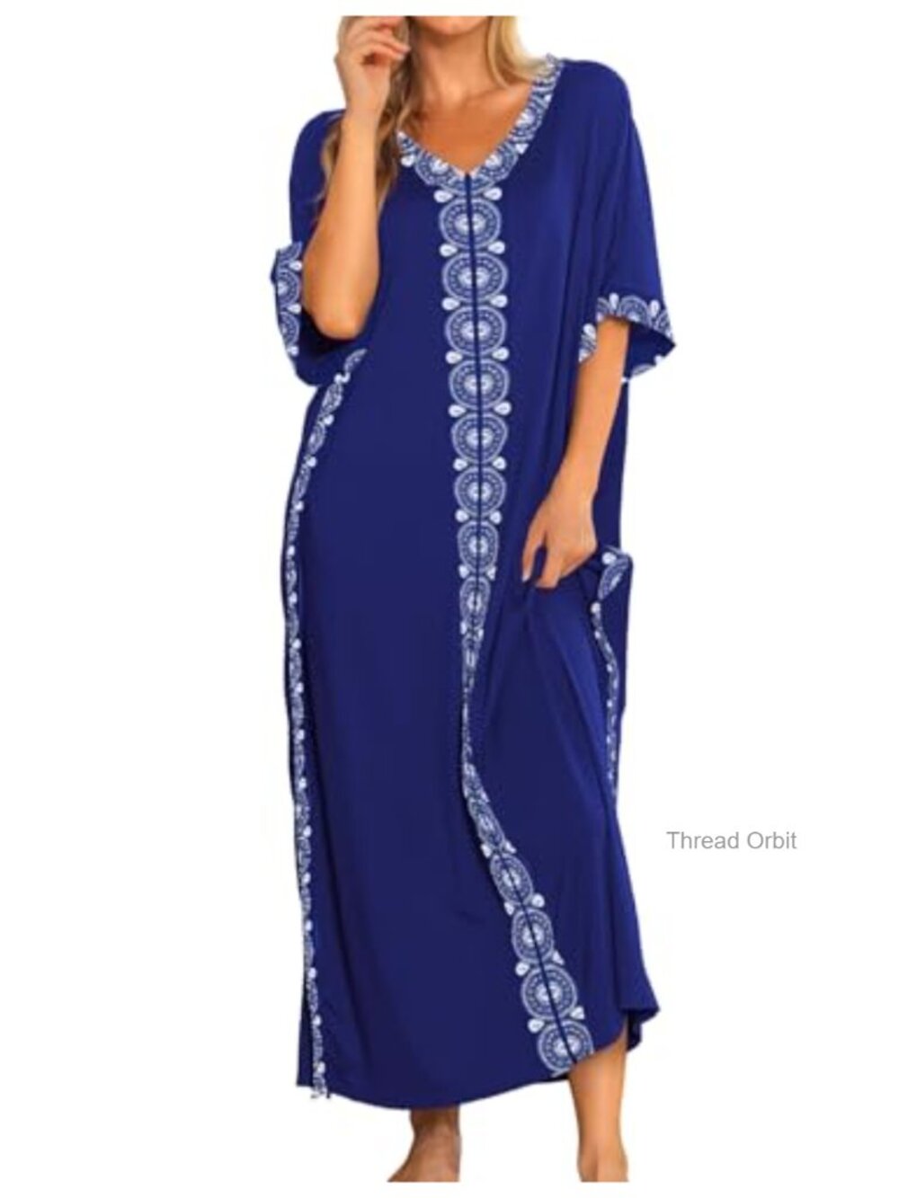 Rayon Spandex Caftan Nightgown with Pockets V-Neck Half Sleeve